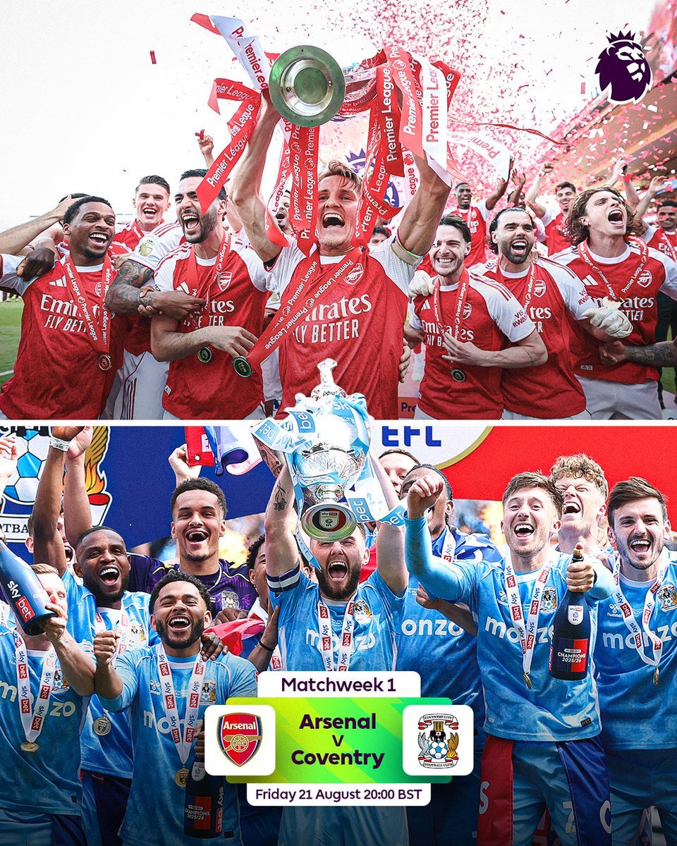 AIS_BDG's tweet photo. Arsenal akan membuka Premier League musim 2026/27 dengan menjamu Coventry City di Emirates Stadium pada tanggal 22 Agustus 2026.

Mikel Arteta vs Frank Lampard 🔜 https://t.co/UUccmOAv8Y