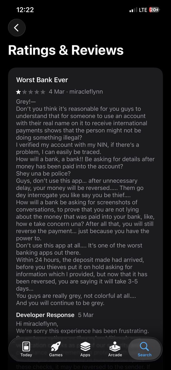 DesignGuy's tweet photo. @greyfinance @greyfinance 
This is reviews from their App Store and I tried it and I still faced the same issue! Now I’ve lost a lot of money! Please I’ll advice anyone don’t use grey
Try @RaenestApp or anything else! https://t.co/T2uUrny1Ul