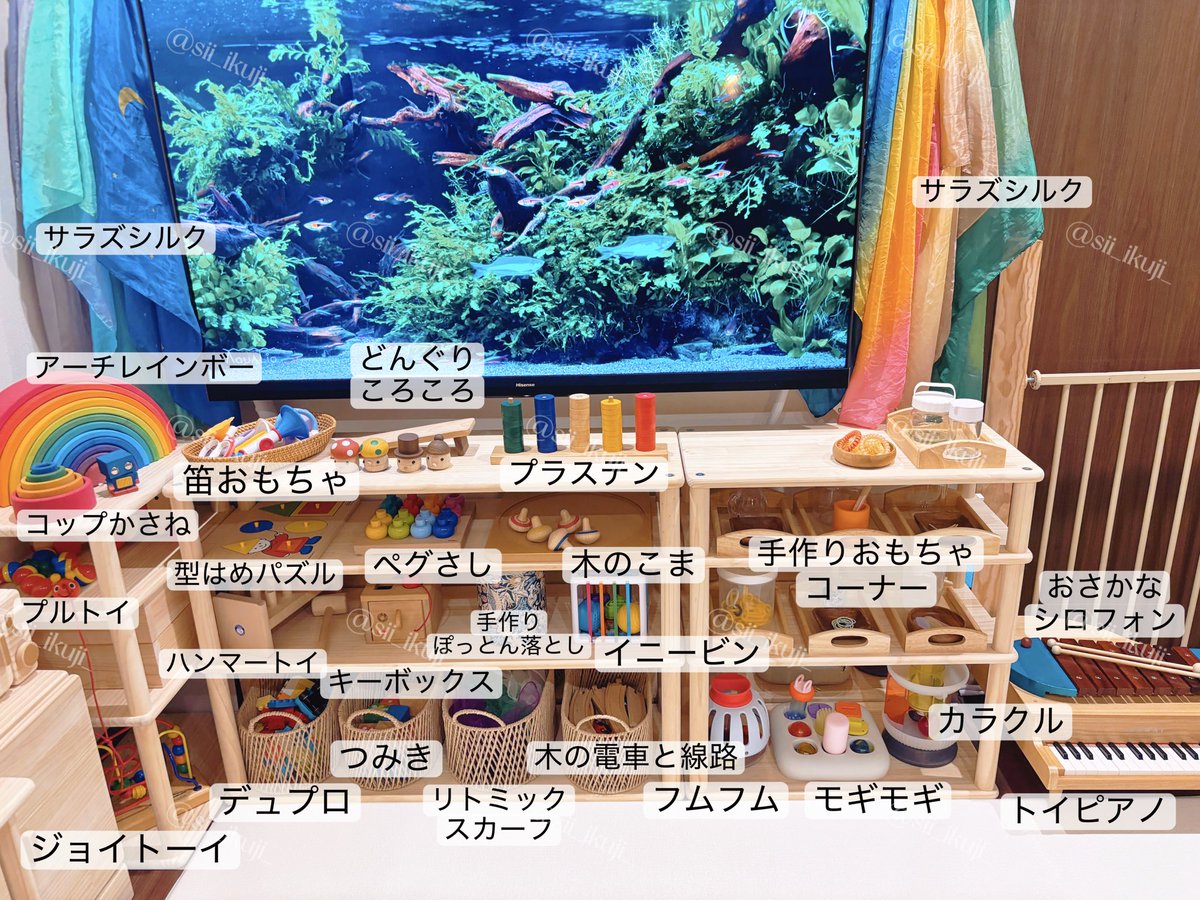 sii_ikuji_'s tweet photo. 1歳半ごろのおもちゃ棚レイアウトまとめ📝
「叩く」「おとす」「引っ張る」といった動作をたくさん練習してほしくて、そういう目的のおもちゃをメインに配置。それと合わせて100均材料の手作りおもちゃを子がやりたい遊びに合わせてこまめに入れ替えるスタイルにしている🙌 #しい購入おもちゃ https://t.co/e2nbv9ueBK