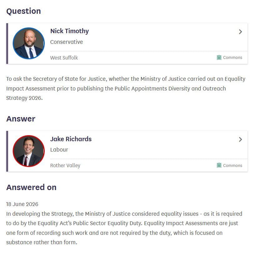 NJ_Timothy's tweet photo. David Lammy didn’t do an Equality Impact Assessment before his new diversity plan.

Labour do these assessments when it suits them. 

They don’t when it exposes their discriminatory policies. 

We would scrap the Equality Duty - and appoint only on merit. https://t.co/r6vDPVLcNW