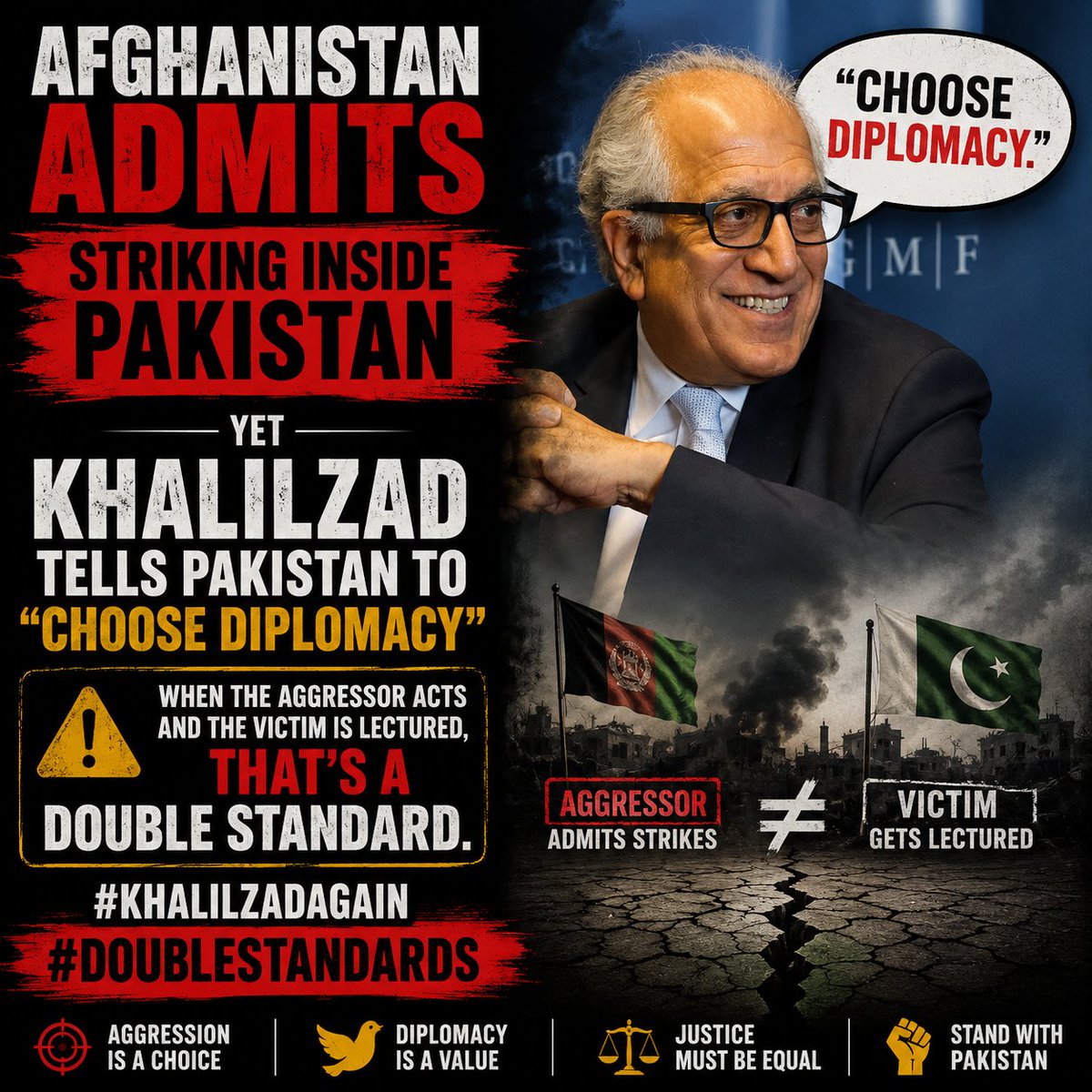 FjwuNailaafzal's tweet photo. Afghanistan admits striking inside Pakistan, yet Khalilzad tells Pakistan to "choose diplomacy."
When the aggressor acts and the victim is lectured, that's a double standard.
#KhalilzadAgain
#DoubleStandards
@realZalmayMK https://t.co/S1JCEYAoJp