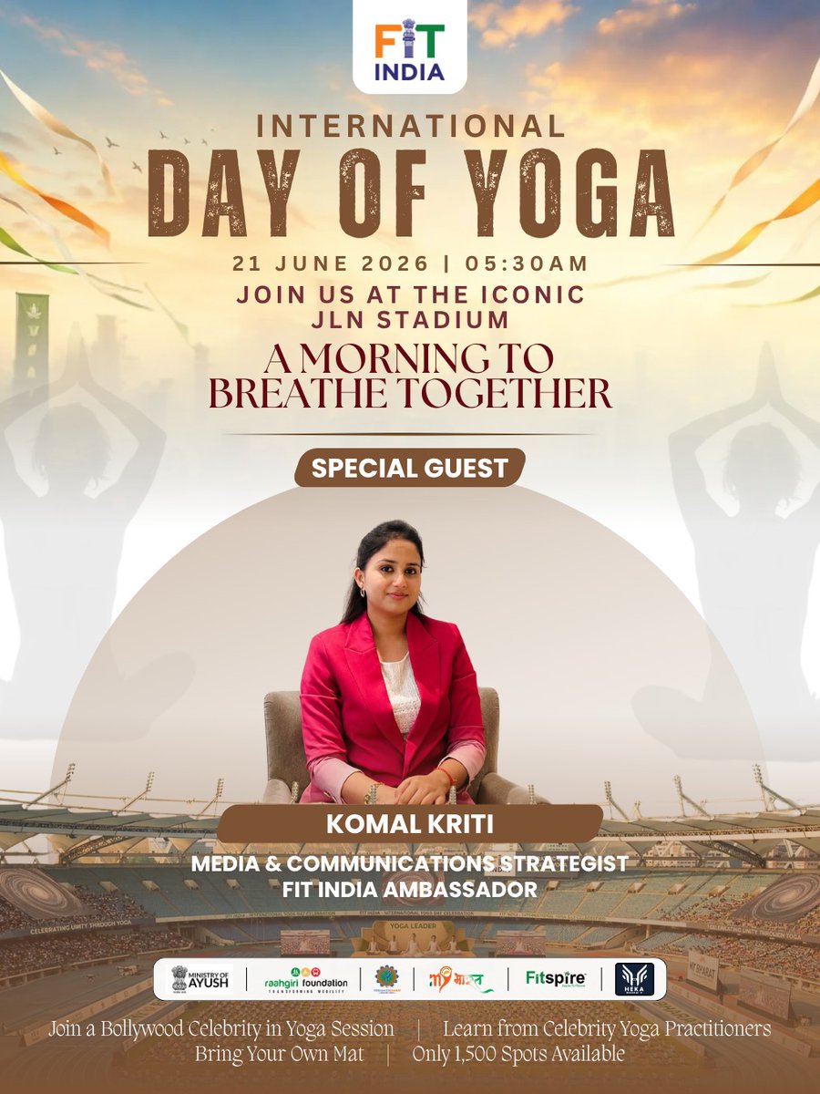 FitIndiaOff's tweet photo. Join us as we come together to breathe, stretch, and celebrate wellness with inspiring personalities leading the movement towards a #FitIndia.  

#IDY2026 #YogaDay https://t.co/w0yoq03i2V