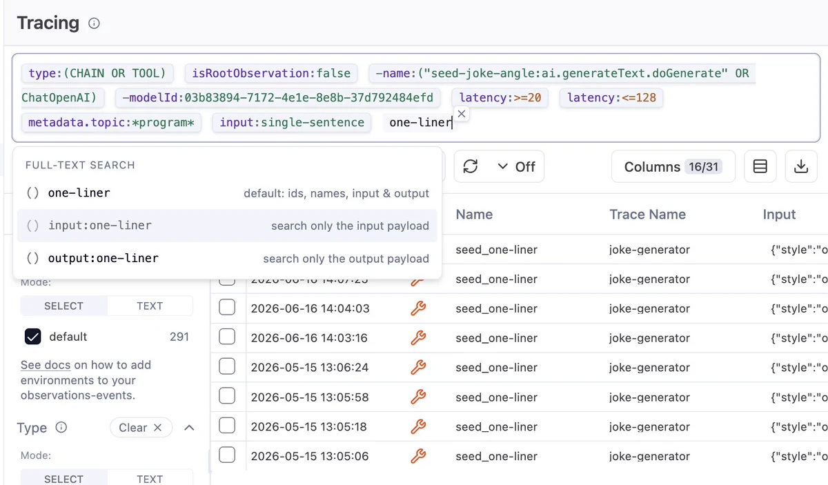 Langfuse filter/search bar filled with query