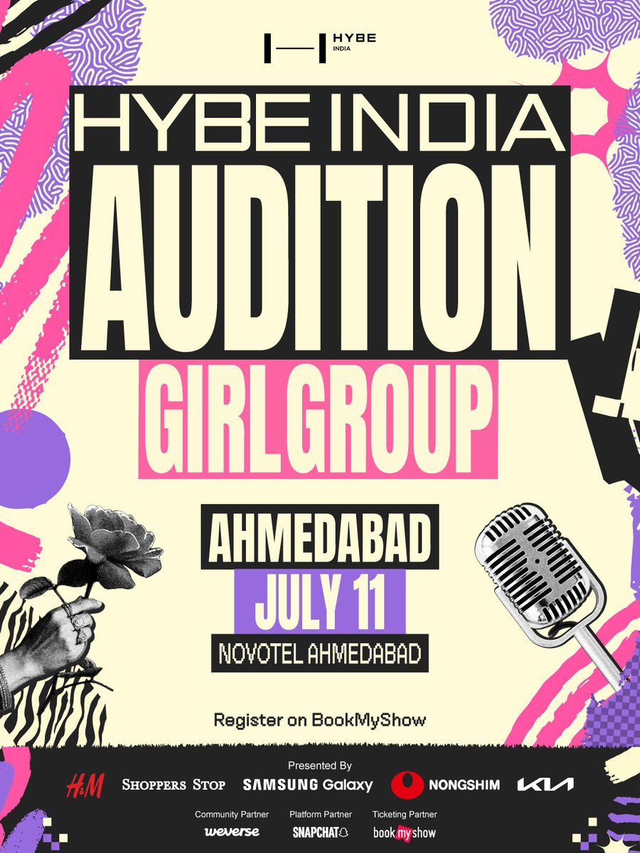 HYBE_INDIA's tweet photo. AHMEDABAD, this is your moment. Show us what you’ve got.

[AHMEDABAD Onsite Audition]
✨ Registrations go live on BookMyShow today at 5.30PM
🏙️ Location: Novotel Ahmedabad
🗓️ Date: July 11
⏰ Time: 10:00 AM

For more information, https://t.co/N6KBYXdZdO

#HYBEIndiaAudition #HYBEINDIA #Ahmedabad