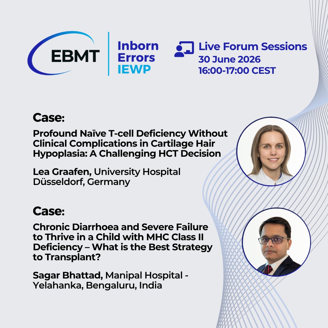 TheEBMT's tweet photo. 📣 Register for the next Inborn Errors WP Live Forum taking place on 30 June.

🔎 These live sessions provide an interactive forum in which clinicians can present challenging cases and engage in focused, expert-led discussion on HCT indication, timing, conditioning strategies, donor selection, and other procedural considerations.

➡️ Sign up today and join the conversation: https://t.co/qXZAB5SjmX

#HCT #PatientCare #ClinicalCase