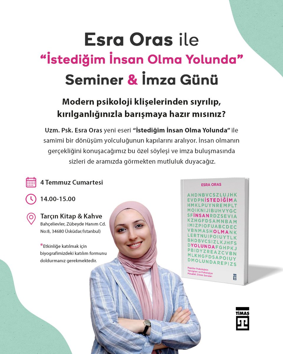 timasyayingrubu's tweet photo. Modern psikoloji klişelerinden sıyrılıp, kırılganlığınızla barışmaya hazır mısınız?

Uzm. Psk. Esra Oras, yeni eseri "İstediğim İnsan Olma Yolunda" ile samimi bir dönüşüm yolculuğunun kapılarını aralıyor. İnsan olmanın gerçekliğini konuşacağımız bu özel söyleşi ve imza buluşmasında sizleri de aramızda görmekten mutluluk duyacağız.

Katılım formu: https://t.co/Bez40NkL72