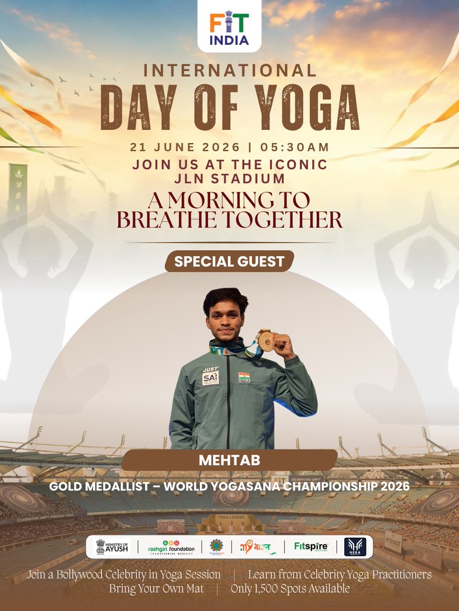 FitIndiaOff's tweet photo. This #InternationalDayOfYoga, get an opportunity to practice yoga alongside World Yogasana Champions.
Learn from the best, be inspired by their journey &amp; celebrate the spirit of yoga with champions who have taken India's ancient tradition to the global stage.
#IDY2026 #FitIndia https://t.co/ZKjHmclKkT