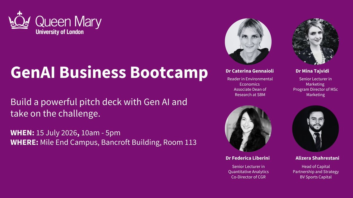 qmbschool's tweet photo. 🤝 Bridging Industry Expertise &amp; #Generative #AI: Join the School of Business and Management Business Bootcamp! 🤝

🗓️ Wednesday, 15th July 2026 
🕙 10am – 5pm 
📍Mile End Campus, Bancroft Building, Room 113

Scan the QR code below to register!
#QMUL #BusinessStrategy https://t.co/Rk3TQSc2vU
