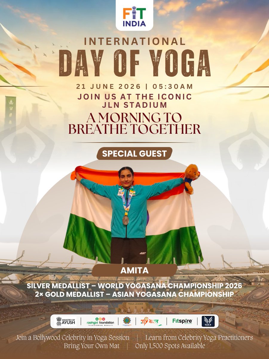 FitIndiaOff's tweet photo. This #InternationalDayOfYoga, get an opportunity to practice yoga alongside World Yogasana Champions.
Learn from the best, be inspired by their journey &amp; celebrate the spirit of yoga with champions who have taken India's ancient tradition to the global stage.
#IDY2026 #FitIndia https://t.co/ZKjHmclKkT