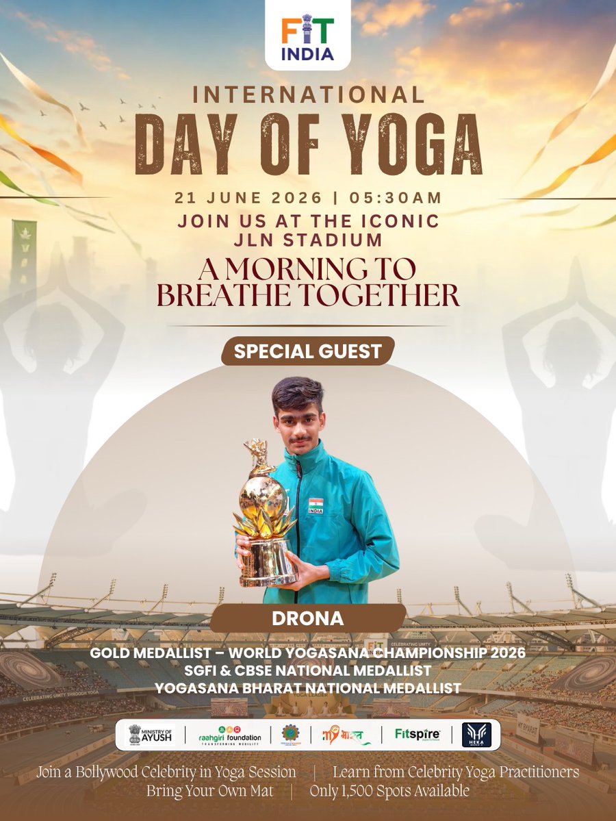 FitIndiaOff's tweet photo. This #InternationalDayOfYoga, get an opportunity to practice yoga alongside World Yogasana Champions.
Learn from the best, be inspired by their journey &amp; celebrate the spirit of yoga with champions who have taken India's ancient tradition to the global stage.
#IDY2026 #FitIndia https://t.co/ZKjHmclKkT