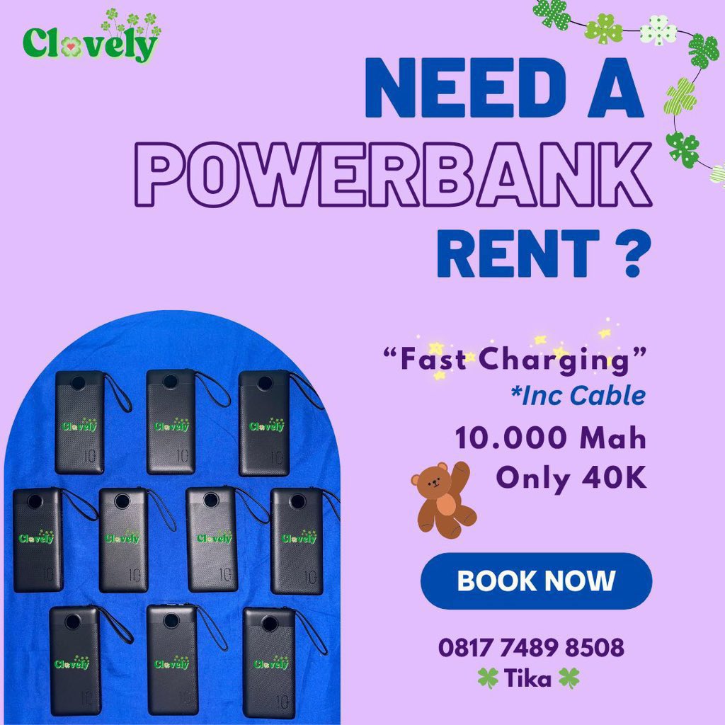 ClovelyCrew's tweet photo. 🖤Jaehyun Fan-Con MONO🖤

Clovely Open Jasa Sewa Powerbank

💰40k
- 10.000 mAh
- Termasuk kabel ( C &amp; Lightning)

Yuk di booking 🍀✨
https://t.co/nyurAR0WrA

Untuk pertanyaan bisa langsung chat ya
Terimakasih 🫶🏻

#JAEHYUN_MONO_JAKARTA 
#JAEHYUN_MONO 
#재현 https://t.co/1wX0kCe4VG
