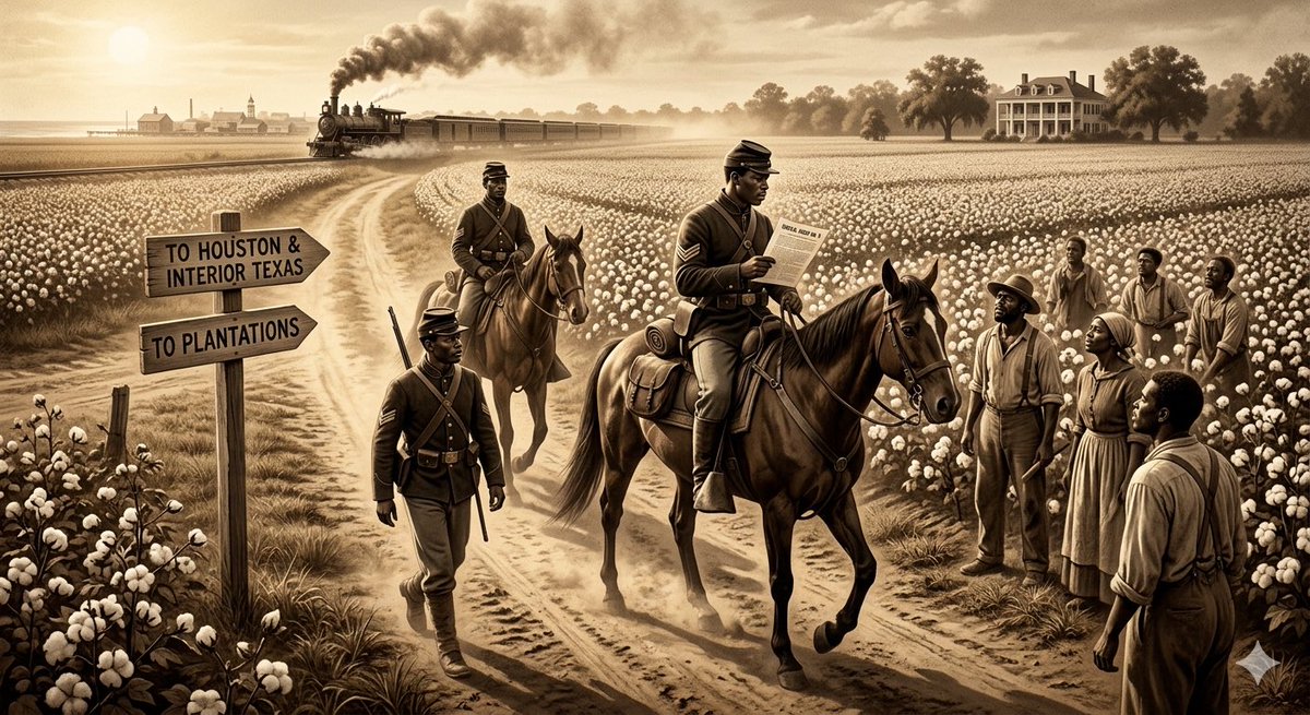 cointel__bro's tweet photo. On June 19, 1865, when General Order No. 3 was read in Galveston, Black soldiers. 

U.S. Colored Troops were part of the occupying force. 

In the days after, they rode by train, horseback, and foot to plantations across Texas, delivering the news of freedom themselves. https://t.co/o87YnCwCqK
