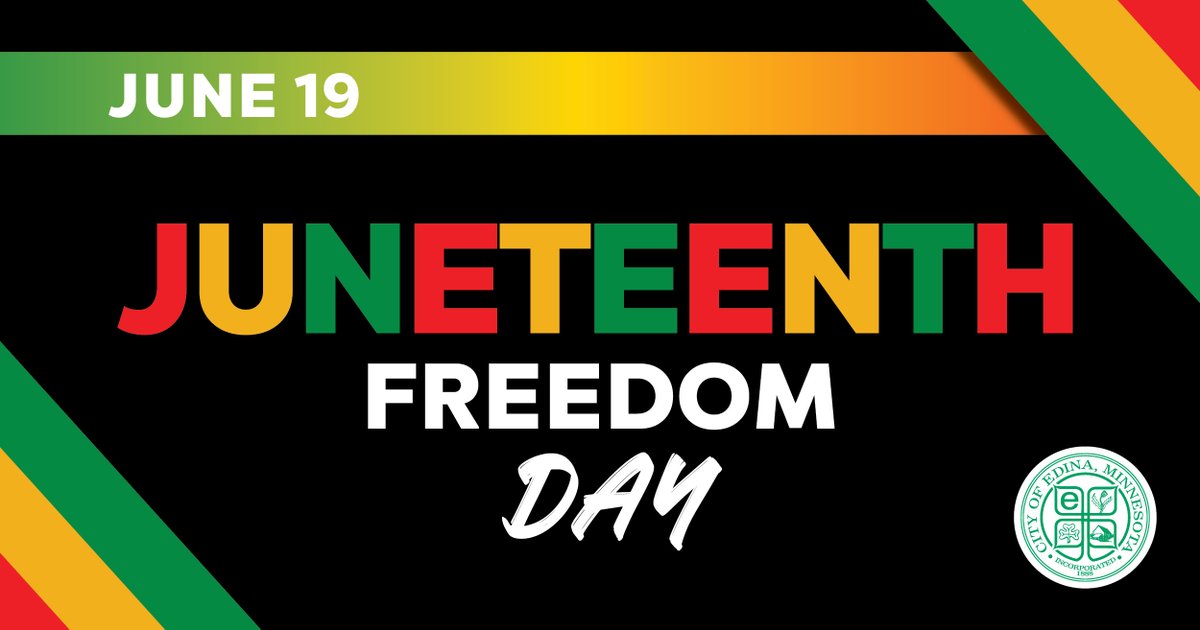 EdinaMN's tweet photo. Juneteenth, a monumental American holiday is observed on June 19 to mark the end of slavery in 1865. Although the Emancipation Proclamation was announced in 1863, it took more than two years and the continuation of the Civil War before slavery officially ended in all Confederate states on June 19, 1865.

Most City offices are closed in observance of the holiday.

Join us noon to 4 p.m. at Centennial Lakes Park to celebrate this important milestone in our country’s history. This family-friendly event will feature activities, musical performances, special speakers and food vendors for the whole family to enjoy. Admission is free and welcome to all.