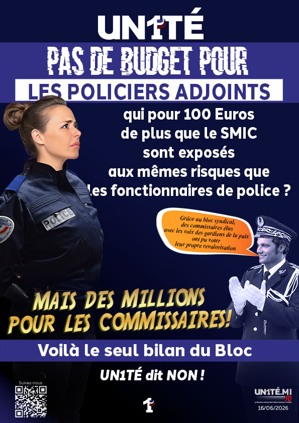 UN1TE_policenat's tweet photo. Pas de budget pour les policiers adjoints

qui pour 100 Euros de plus que le SMIC sont exposés aux mêmes risques que les fonctionnaires de police ?
Mais des millions pour les commissaires !

Voilà le seul bilan du bloc
UN1TÉ dit NON !

#un1tépoliciersadjoints #UN1TÉ #CSAMI https://t.co/bQWn4bSba0