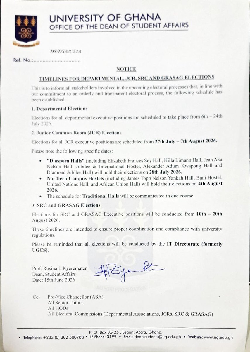 Voice_of_Legon's tweet photo. 📍📍JUST IN📍📍

The Office of the Dean of Students at the University of Ghana has announced the schedule for the various JCR, departmental, and SRC elections.

Stay tuned.✅ https://t.co/MJ05TabV1Q