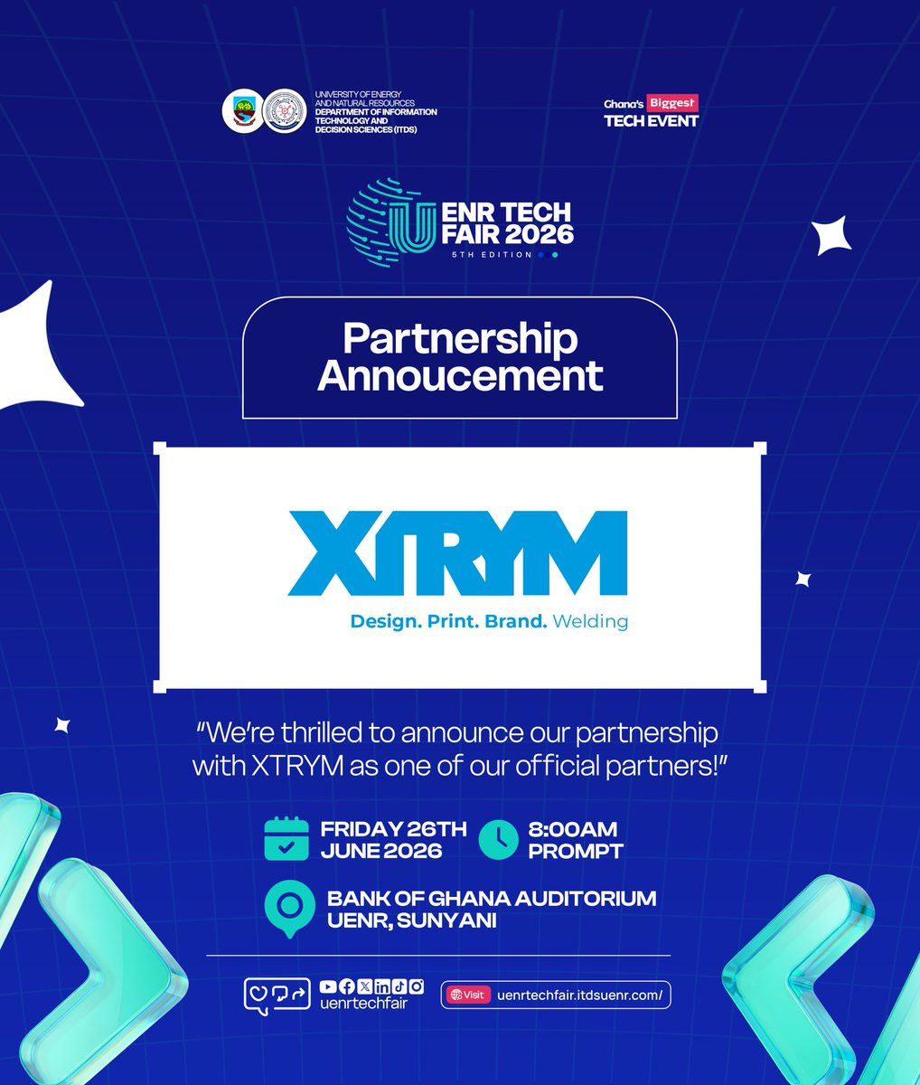 uenr_techfair's tweet photo. We’re proud to introduce XTRYM - experts in Design, Print, Brand, and Welding - as an official partner for the UENR Tech Fair 2026, Ghana’s Biggest Tech Event!

Together, we’re set to make the 5th Edition even more impactful.

Stay tuned!

#UENRTechFair2026 #UENR https://t.co/bcj4GbUqy9