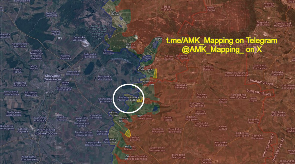 AMK_Mapping_'s tweet photo. Regarding the situation in Rai-Oleksandrivka.

I've had several people ask me about the status of this key town east of Slovyansk following the recent geolocations of Russian flag raises and the claim of its capture by the Russian Ministry of Defence.

As of now, I can confirm that claims of its capture by Russian troops are false. It is definitely contested, but the scale of Russian control is currently unknown. I'm working to confirm which streets Russia has been able to consolidate on, if any. 

It is known that the first Russian soldiers were able to enter the town in mid-April, but were unable to ever consolidate due to the presence of several uncleared Ukrainian strongpoints east of the town. Since then, the number of Russian soldiers present in the eastern streets has steadily increased, but because there are areas up to 7 km east of Rai-Oleksandrivka not yet under Russian control, I personally doubt the Russian control in the town is more than 50%.

For now, I have extended the grey-zone from the eastern streets to include most of the town. I will subsequently add any control zones for Russia if/when I am able to determine their extent.