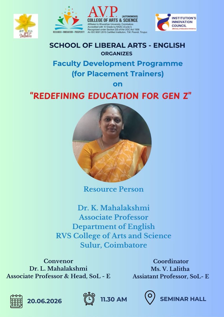 avpcas's tweet photo. School of Liberal Arts-English is organising a FDP  on "Redefining Education for Gen Z" for Placement Subject handling Faculty , 20.06.26 by 11.30 a.m.  Dr.K.Mahalakshmi, Associate Professor, Dept. of English, R.V. S. College of Arts and Science, Sulur, will be resource person. https://t.co/GL2aGf8ylh