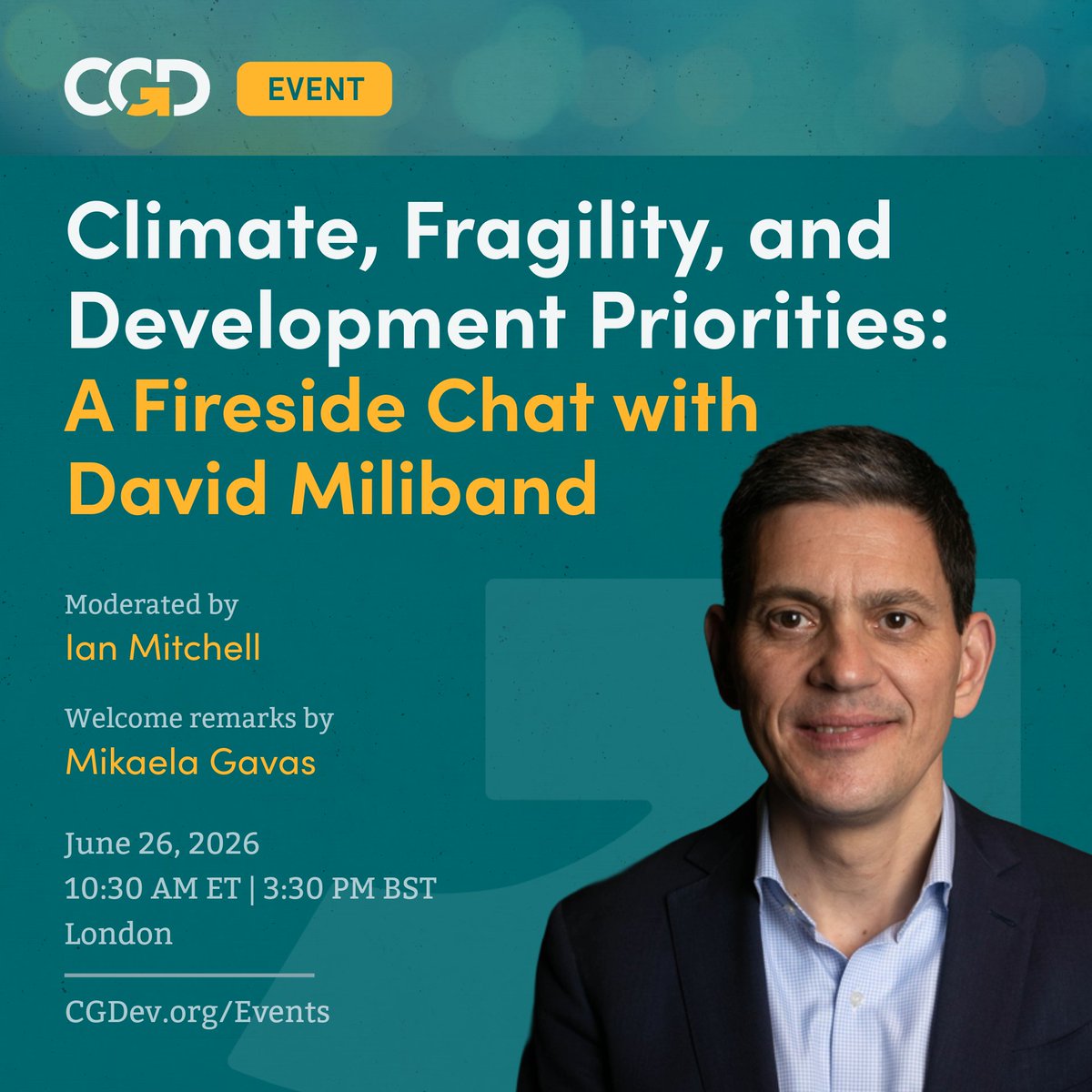 CGDev's tweet photo. Climate vulnerability, conflict, and displacement often overlap. But is international financing reaching the countries that need it most? 

Join @DMiliband, President of @RESCUEorg and @CGDev's @EconMitch and @GavasMikaela for a conversation on climate, fragility, and development finance priorities.

https://t.co/oWY1gyJ6ei