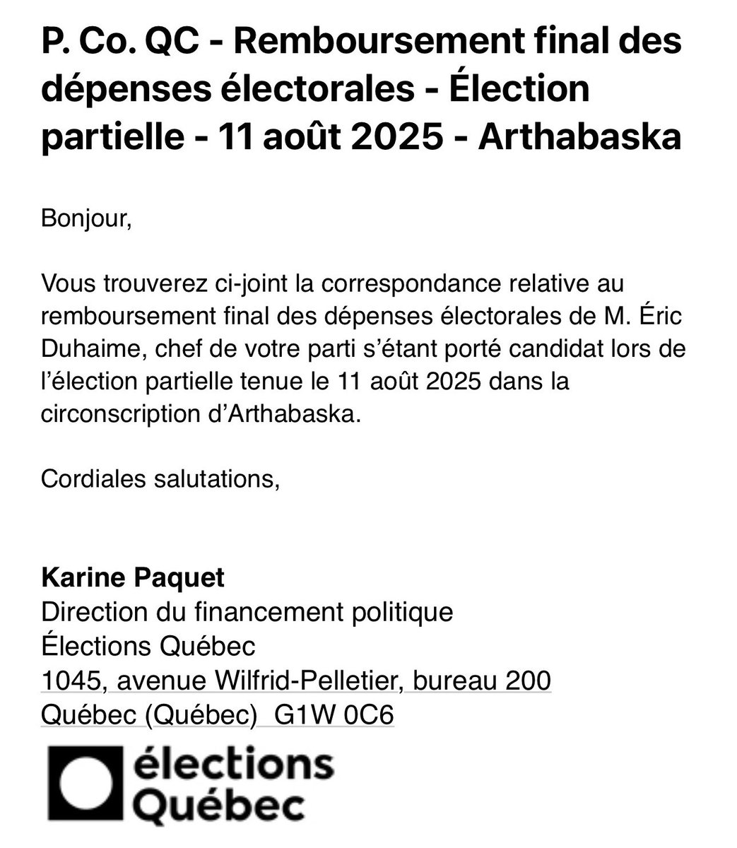 E_Duhaime's tweet photo. EXCUSEZ-VOUS @PaulPlamondon !!!

Paul Saint-Pierre Plamondon est en mode salissage.

Evidemment, sa tentative récente de lier le PLQ au «crime organisé» est grossière et mensongère. Parler de corruption et de financement illégal est légitime. Associer ses adversaires à la mafia ou aux Hells, sans preuve, est malhonnête.

Le mois dernier, monsieur Plamondon a aussi déposé une plainte au directeur des élections, m’accusant de fraude en raison de dépenses effectuées dans Arthabaska en août dernier.

Encore une fois, le chef péquiste voulait salir gratuitement. Il cherchait un gros scandale dans le Journal, avec mon nom et le mot « fraude » dans un titre sensationnaliste.

Or, le PQ n’a fourni AUCUNE preuve, aucune nouvelle information, que le DGEQ n’avait pas déjà en sa possession.

La principale accusation de monsieur Plamondon portait sur mon livre que j’ai payé au prix coûtant, plutôt que celui en librairie il y a 4 ans.

J’avais pourtant fait mes devoir à priori et demandé au DGEQ un avis avant d’effectuer cette dépense.

Au cours des derniers jours, Élections Québec nous a fait parvenir le « remboursement final des dépenses électorales de M. Éric Duhaime, chef de votre parti s’étant porté candidat lors de l’élection partielle tenue le 11 août 2025 dans la circonscription d’Arthabaska. »

Autrement dit, le directeur des élections, après avoir reçu la plainte de PSPP, a décidé d’approuver notre rapport financier et de nous rembourser, comme le prévoit la Loi, 50% des dépenses effectuées dans Arthabaska.

Paul Saint-Pierre Plamondon n’a donc fait que nous salir, nous accuser faussement.

Monsieur Plamondon, je ne vais pas, comme les libéraux, vous envoyer une mise en demeure et vous menacer de poursuites. Vous le mériteriez, mais je ne veux pas engorger les tribunaux, ni me laisser distraire, alors que les conservateurs sont en pré-campagne électorale pour changer le modèle bureaucratique québécois.

Notre priorité est d’offrir une alternative politique crédible pour améliorer l’accès aux soins de santé en ajoutant la contribution du privé, laisser plus d’argent dans les poches des familles québécoises, enrichir les Québécois en exploitant notre gaz naturel et accroître le pouvoir québécois à l’intérieur de la confédération canadienne.

Cela étant dit, votre comportement est hautement répréhensible et immature.

Je vous demande donc de vous excuser pour qu’on tourne la page sur cet autre dérapage de votre part.

Je ne crois pas que vous ayez l’humilité de vous excuser, mais je le souhaite profondément.

Vous aimez vous gargariser avec les mots « rigueur » et « intégrité », en regardant tous les autres de haut.

Ce serait la moindre des choses que vous soyez capable d’avouer, pour une fois, votre erreur.