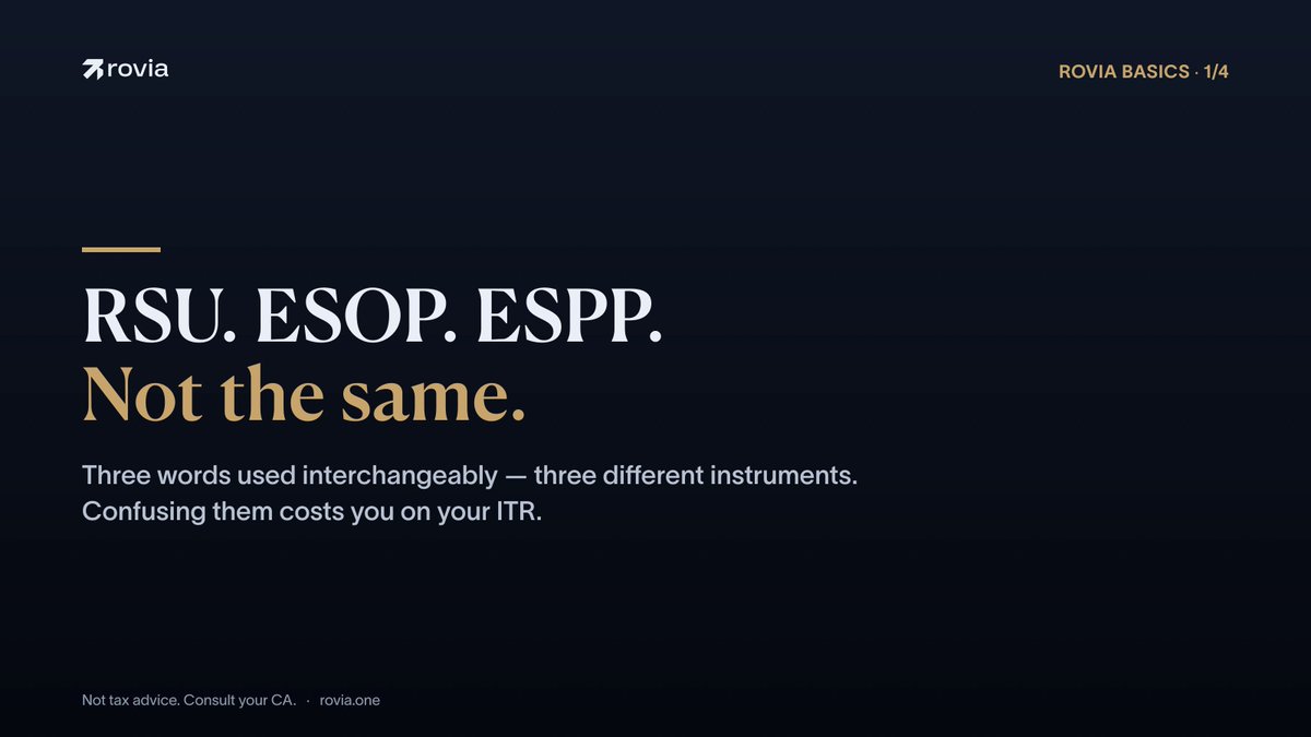 rovia_app's tweet photo. RSU is automatic. ESOP you time. ESPP is a guaranteed discount.

Three words people use interchangeably — and confusing them costs you on your ITR.

The side-by-side:
https://t.co/stDfu1txVI https://t.co/tRX00msCJ7