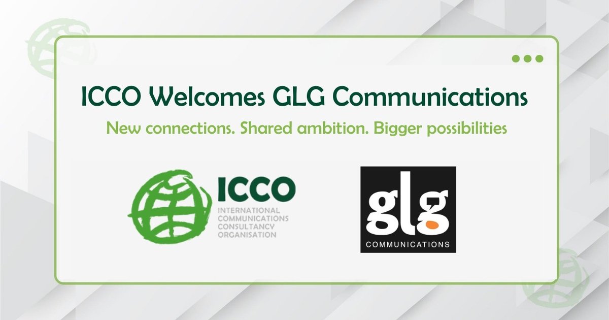 ICCOpr's tweet photo. Expanding connections. Creating new possibilities 🌍

GLG Communications joins ICCO as a Direct Member, strengthening global collaboration and opening new opportunities for connection, knowledge exchange, and growth across our international network. https://t.co/sZOnNia9Kk