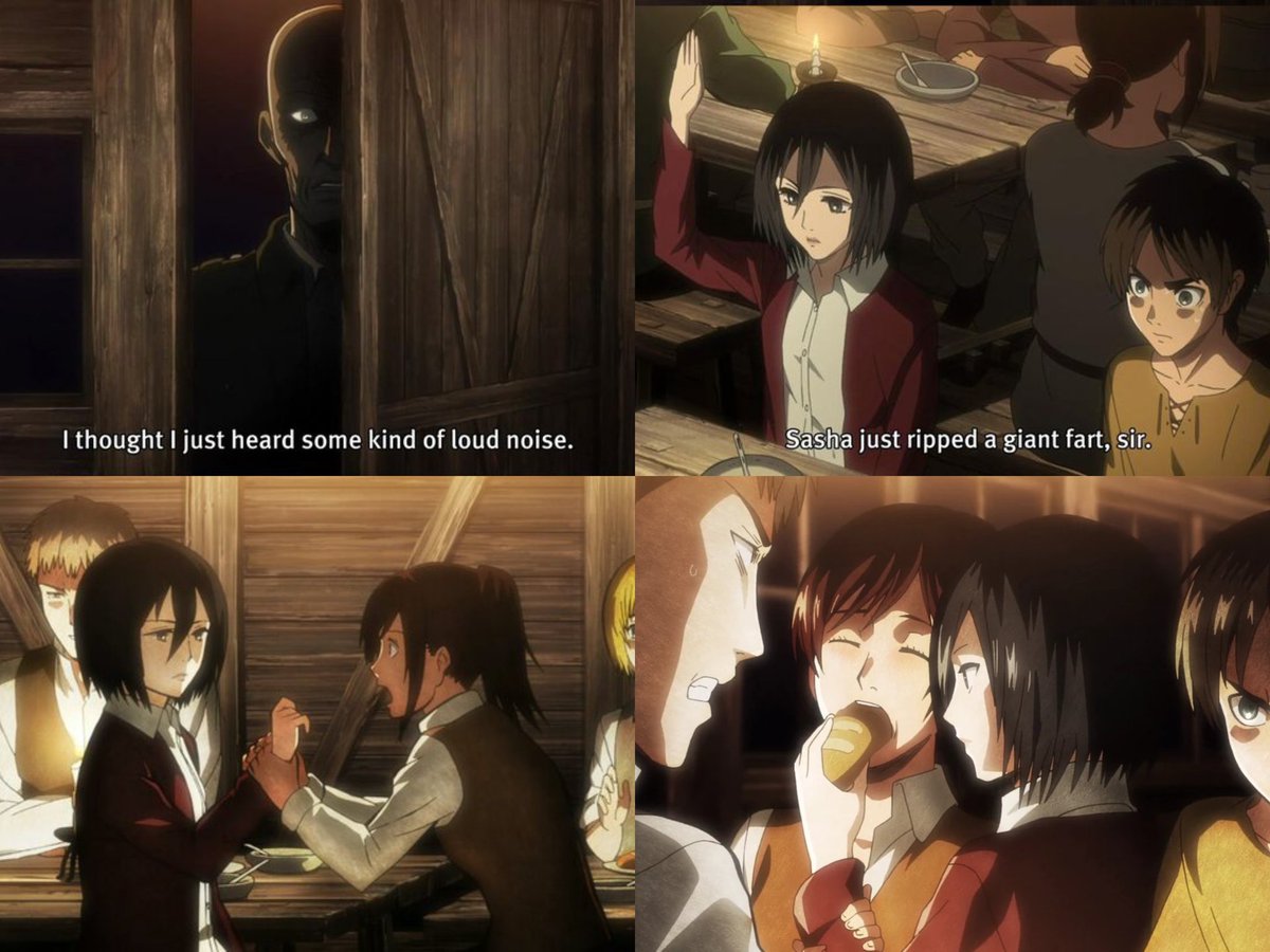 _ktsdk's tweet photo. mikasa and sasha were such a duo from the start, their dynamic was hilarious especially with mikasa's old cool cucumber personality 😭 you could see them get closer with every interaction. https://t.co/rXoS5GNfw8