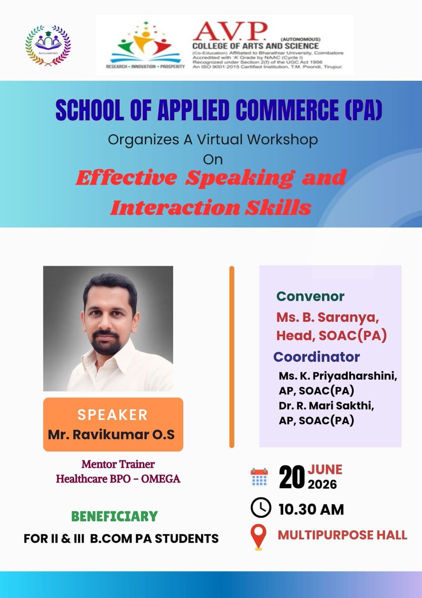 avpcas's tweet photo. School of Applied Commerce PA organizes a virtual workshop on 20.06.2026. Mr. Ravikumar O.S, Mentor Trainer,  Healthcare BPO -OMEGA will act as a resource person. https://t.co/D5FzKq0x7u