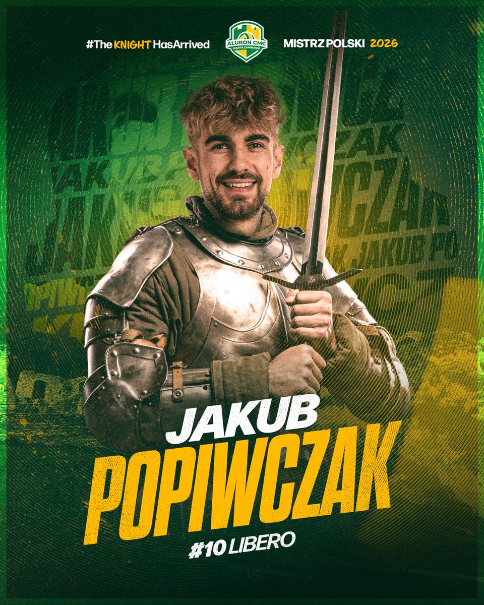 AluronCMC's tweet photo. Jakub Popiwczak zostaje w Jurajskiej Armii 💛💚

Najlepiej broniący siatkarz #PlusLiga nadal będzie grać w Aluron CMC Warcie Zawiercie. W swoim pierwszym sezonie wywalczył z naszym klubem mistrzostwo Polski, wicemistrzostwo Europy oraz brąz Klubowych Mistrzostw Świata 👏 https://t.co/L0XwtiXYgM