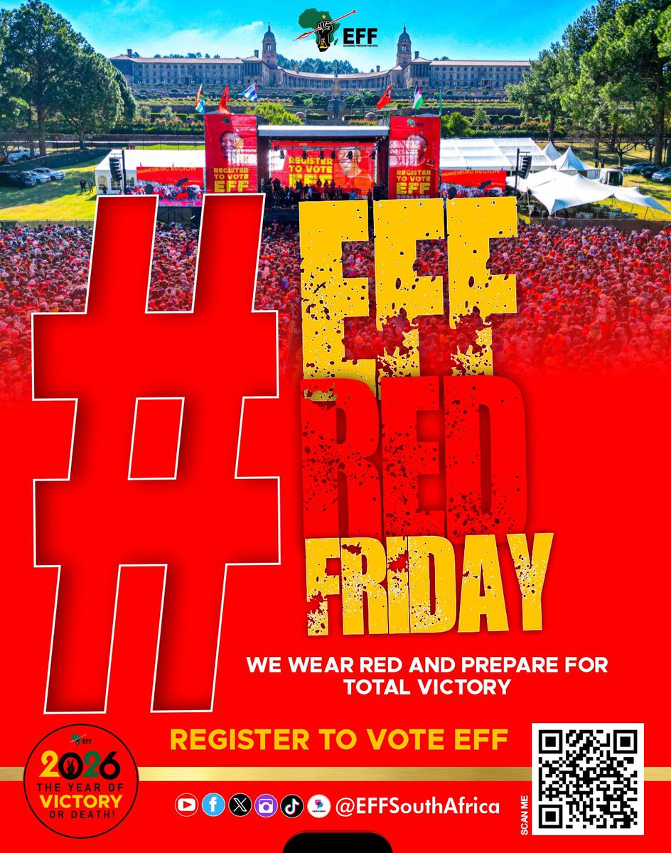 EFFSouthAfrica's tweet photo. It’s #EFFRedFriday Fighters, let’s paint South Africa Red until the day of Victory.

Register To Vote EFF In The 2026 Local Government Elections To Be Held On The 4th of November 2026

Link: https://t.co/ydvMdsh0Mb https://t.co/F6cIDSFmPv