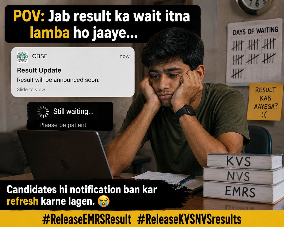 bipintwb's tweet photo. POV: Jab result ka wait itna lamba ho jaaye ki candidates hi notification ban kar refresh karne lagen. 😭

Please release the results.

#ReleaseEMRSResult #ReleaseKVSNVSresults

@cbseindia29 @KVS_HQ @ravish_journo @TheNewspinch https://t.co/BIuWBfNnLZ