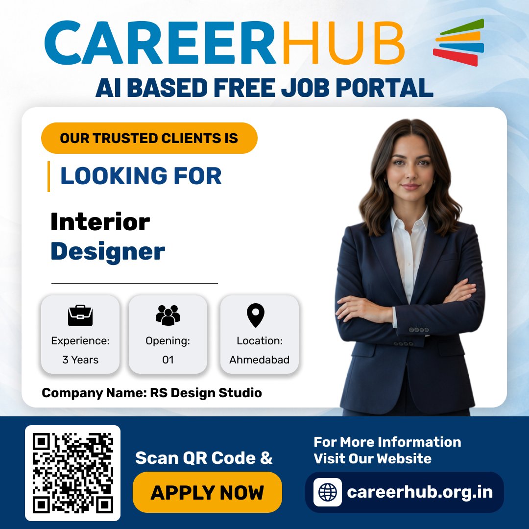 careerhub_iespl's tweet photo. Hiring: Interior Designer
Ahmedabad | 3 Years Exp | 1 Opening
Company: RS Design Studio
Skills: 3D Rendering, Site Supervision & Client Coordination.
Career Hub - AI Based Free Job Portal
#InteriorDesigner #AhmedabadJobs #AutoCAD #SketchUp #DesignCareer https://t.co/tg5k1QmvDq