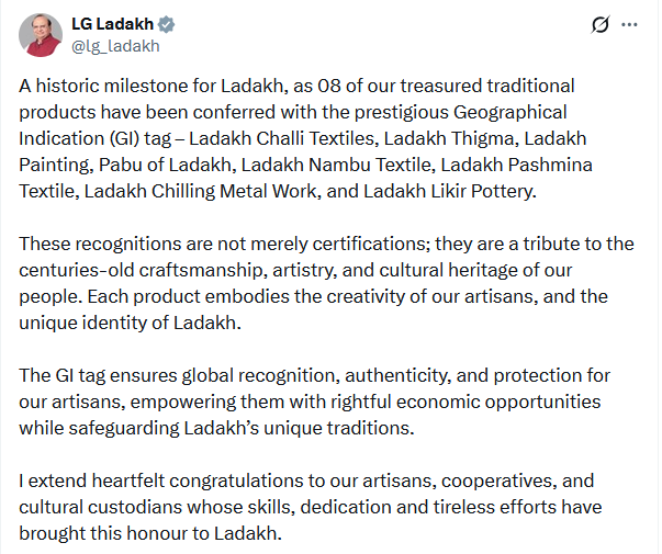 GemsofLadakh's tweet photo. Historic win for Ladakh! 8 traditional treasures — Challi Textiles, Thigma, Painting, Pabu, Nambu &amp; Pashmina Textiles, Chilling Metal Work &amp; Likir Pottery — bag GI tags. 

Proud recognition of our artisans' skill &amp; heritage. Global boost for local crafts!  #GemsOfLadakh https://t.co/fbrsP4aZcD