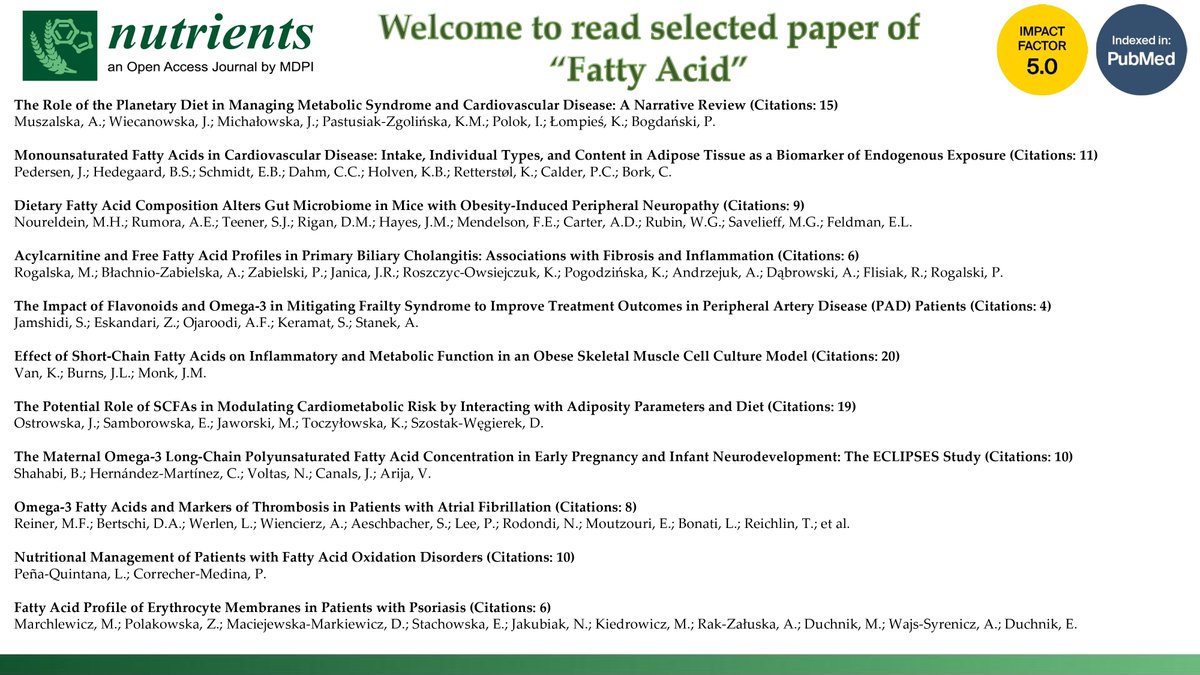 Nutrients_MDPI's tweet photo. How do fatty acids shape health? 🧬🫀🥑
Nutrients highlights studies on MUFAs, omega-3, SCFAs, gut microbiome, cardiometabolic risk, pregnancy, psoriasis, atrial fibrillation, and fatty acid oxidation disorders. 🔬
Read more: https://t.co/3gM9MIxJXN
#FattyAcids #Nutrients https://t.co/SxWL0FW2i5