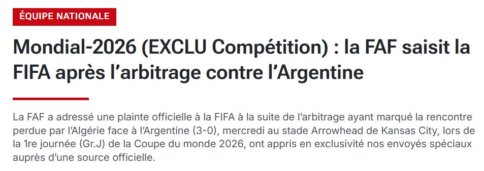 capuanogio's tweet photo. La Federazione calcistica algerina (Faf) ha presentato un ricorso ufficiale alla #Fifa dopo le decisioni arbitrali durante la sfida persa 0-3 contro l'#Argentina ai Mondiali 2026, contestando in particolare la mancata espulsione di #Messi. 

(Fonte https://t.co/SPu0t3mQ0b) https://t.co/ERfi9J7g0c