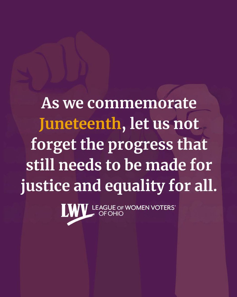 lwvohio's tweet photo. Juneteenth is the oldest nationally celebrated commemoration of the ending of slavery in the United States.
On June 19, 1865, Union soldiers announced to enslaved persons in Texas that the US Civil War had ended and that they had been freed from bondage by the Emancipation Proclamation two years earlier.
However, the fight for Black liberation was not resolved with the end of slavery and the close of the US Civil War. Today, we continue to fight and work towards justice and equality for all.