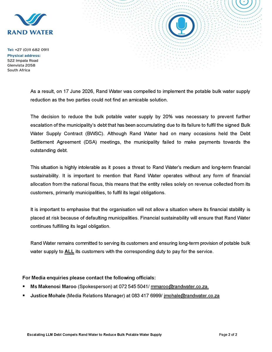 Rand_Water's tweet photo. [READ] Media Statement ESCALATING DEBT COMPELS RAND WATER TO REDUCE WATER SUPPLY TO THE LESEDI LOCAL MUNICIPALITY BY 20% The escalating Lesedi Local Municipality’s (“LLM”) debt has prompted Rand Water to reduce the bulk potable water supply by 20% https://t.co/KhypHBQidL