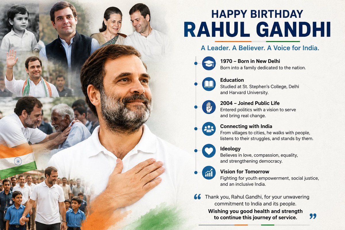 Rathod_009's tweet photo. नफरत के दौर में मोहब्बत की बात करने वाले, सत्ता से सवाल पूछने वाले, और जनता के मुद्दों को सड़क से संसद तक उठाने वाले नेता श्री राहुल गांधी जी को जन्मदिन की हार्दिक शुभकामनाएँ।

आपका साहस, संघर्ष और जनसेवा का सफर निरंतर आगे बढ़ता रहे।

#HappyBirthdayRahulGandhi #RahulGandhi #BharatJodo
#EknathShinde #jio123recharge