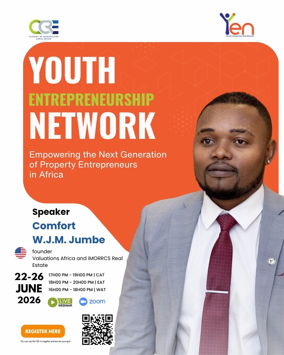 oneacre__'s tweet photo. Comfort  W. J. M Jumbe is a Certified Residential Appraiser (Arizona, USA) | Founder, Valuations Africa &amp; iMORRCS | Driving PropTech and valuation innovation across Africa.

📅Date:  22-26 June 2026
📍Venue: Virtual
👉Register here: https://t.co/deCuFpCq0L

#igniteyourexcellence https://t.co/VxO4Vod5EQ