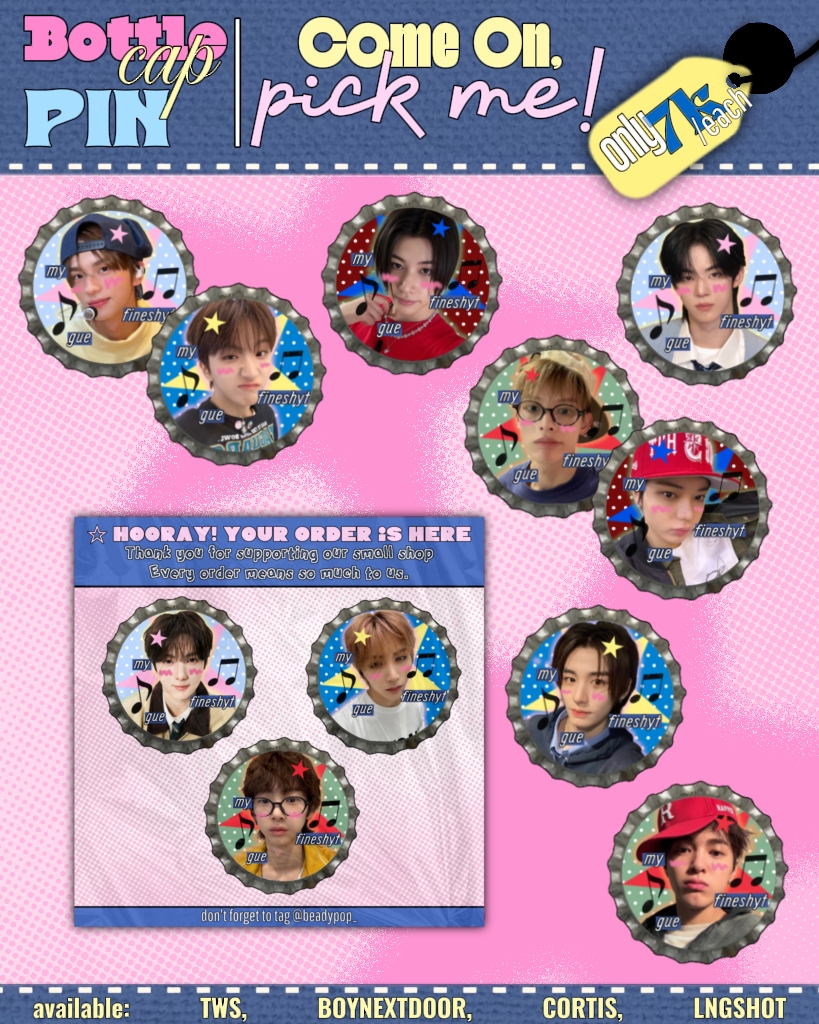 stuffsite's tweet photo. Sells 
— Hi guys 👀 Disini aku lagi open PO bottle cap pin. Available designs: TWS, BOYNEXTDOOR, CORTIS &amp; LNGSHOT.
If you're interested in this twt and want to be tagged later, please drop your pretty usn below!

/beadypop_ https://t.co/OR30p03ZS3