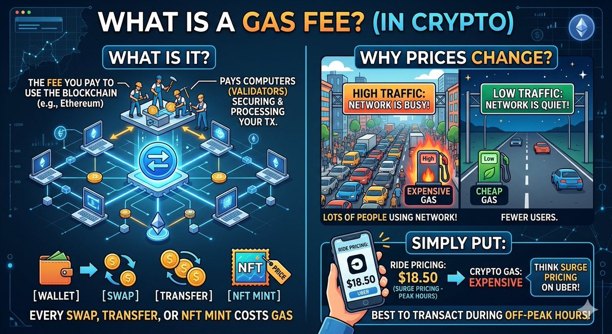 NdveAlphonse's tweet photo. What is a Gas Fee?
Gas = the fee you pay to use the blockchain (like Ethereum).It pays the computers (validators) that process and secure your transaction. Every swap, transfer, or NFT mint costs gas.
#bitc
#airdrop
#cryptoforbeginners 
#CryptoAssets 
#CryptoAlpha https://t.co/zXCht1t92p