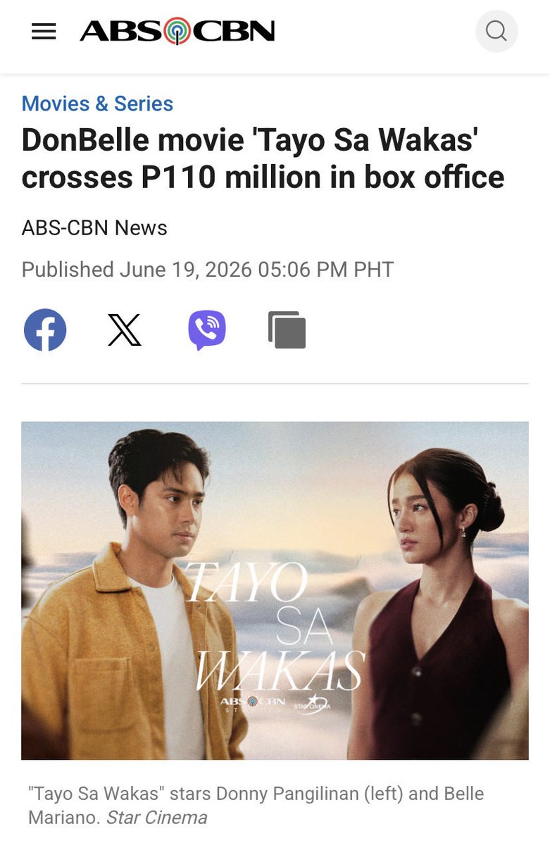 donbelleEGcutie's tweet photo. ₱110M for a local film in 2026? That’s already something to be proud of. 🥹

No matter what anyone says, reaching these numbers is never easy, especially in this economy. Seeing Tayo Sa Wakas surpass the ₱100M mark is something we will always be grateful for. 🙏🏻

Now that it’s on its 4th week, let’s continue to post about the movie, reshare reviews, recommend it to our family and friends, and spread the word. ✨

Congratulations to DonBelle and the entire TSW team! Thank you for giving us a story worth celebrating and supporting. We love you more and more and more!!! 🤍

110M NA TAYO SA WAKAS

#DonBelle | #TayoSaWakas