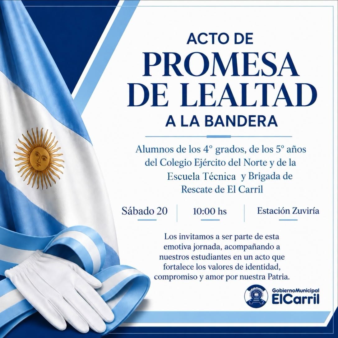 MuniElCarril's tweet photo. Se invita a toda la comunidad a participar del Acto de Promesa de Lealtad a la Bandera, donde alumnos de 4º grado de los distintos establecimientos educativos realizarán su compromiso de respeto, cuidado y lealtad a nuestro máximo símbolo patrio. #ElCarril https://t.co/QhQtEGXsyr