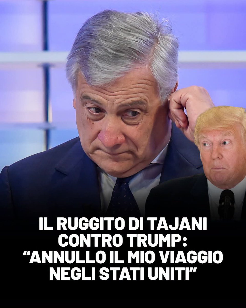 Flexgrimmy_'s tweet photo. Trema, Donald. Trema.

TAJANI  ha annunciato su X la rappresaglia: "Le gravi e offensive parole del Presidente Trump nei confronti del Presidente del Consiglio Giorgia Meloni offendono tutta l’Italia. Per questo motivo ho deciso di annullare la mia visita negli Stati Uniti prevista per i prossimi 21 e 22 giugno". 

La risposta di Trump:🥱🥱🥱