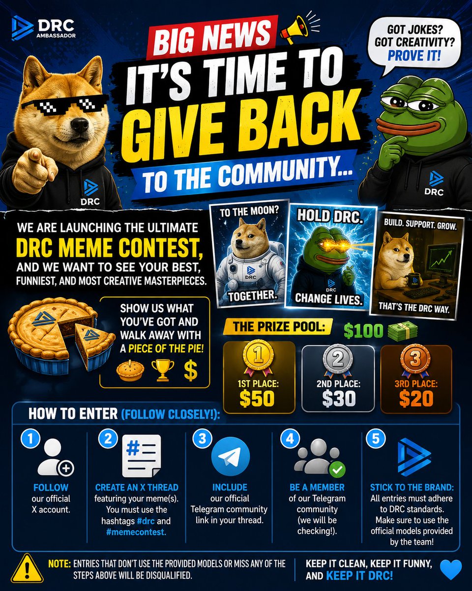 divinerayapp's tweet photo. Big news DRC ambassador 

It’s time to give back to the community…
Got jokes? Got creativity? Prove it! We are launching the ultimate DRC Meme Contest, and we want to see your best, funniest, and most creative masterpieces.
Show us what you’ve got and walk away with a piece of the pie! 🥧

🏆 The Prize Pool: $100 🏆

🥇 1st Place: $50
🥈 2nd Place: $30
🥉 3rd Place: $20

📋 How to Enter (Follow Closely!):

1. Follow our official X account.
2. Create an X thread featuring your meme(s). You must use the hashtags #drc and #memecontest.
With a  short writeup about your design
3. Include our official Telegram community link in your thread. (https://t.co/lCocMaPUBQ)
4. Be a member of our Telegram community (we will be checking!).
5. Stick to the brand: All entries must adhere to DRC standards. Make sure to use the official models provided by the team!

⚠️ Note: Entries that don't use the provided models or miss any of the steps above will be disqualified. Keep it clean, keep it funny, and keep it DRC!
