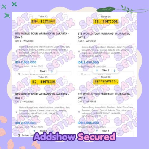 satsetix's tweet photo. [#satsetix_proof bts world tour - arirang]

— • platinum floor d presale (4 tix)
— • cat 2 presale (4 tix)

secured ✅ https://t.co/fk2z8fmN7E