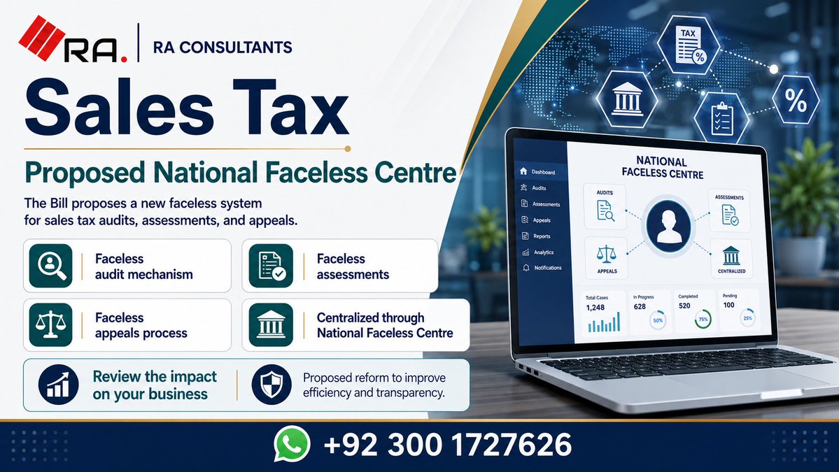 RACOOFFICIAL's tweet photo. Sales Tax Proposed National Faceless Centre
The Bill proposes a new faceless system for:
audits, assessments, appeals through a National Faceless Centre.
A key proposed reform aimed at improving efficiency and transparency.

RA Consultants WhatsApp: +92 300 1727626

#SalesTax https://t.co/rFhO6y3fyk