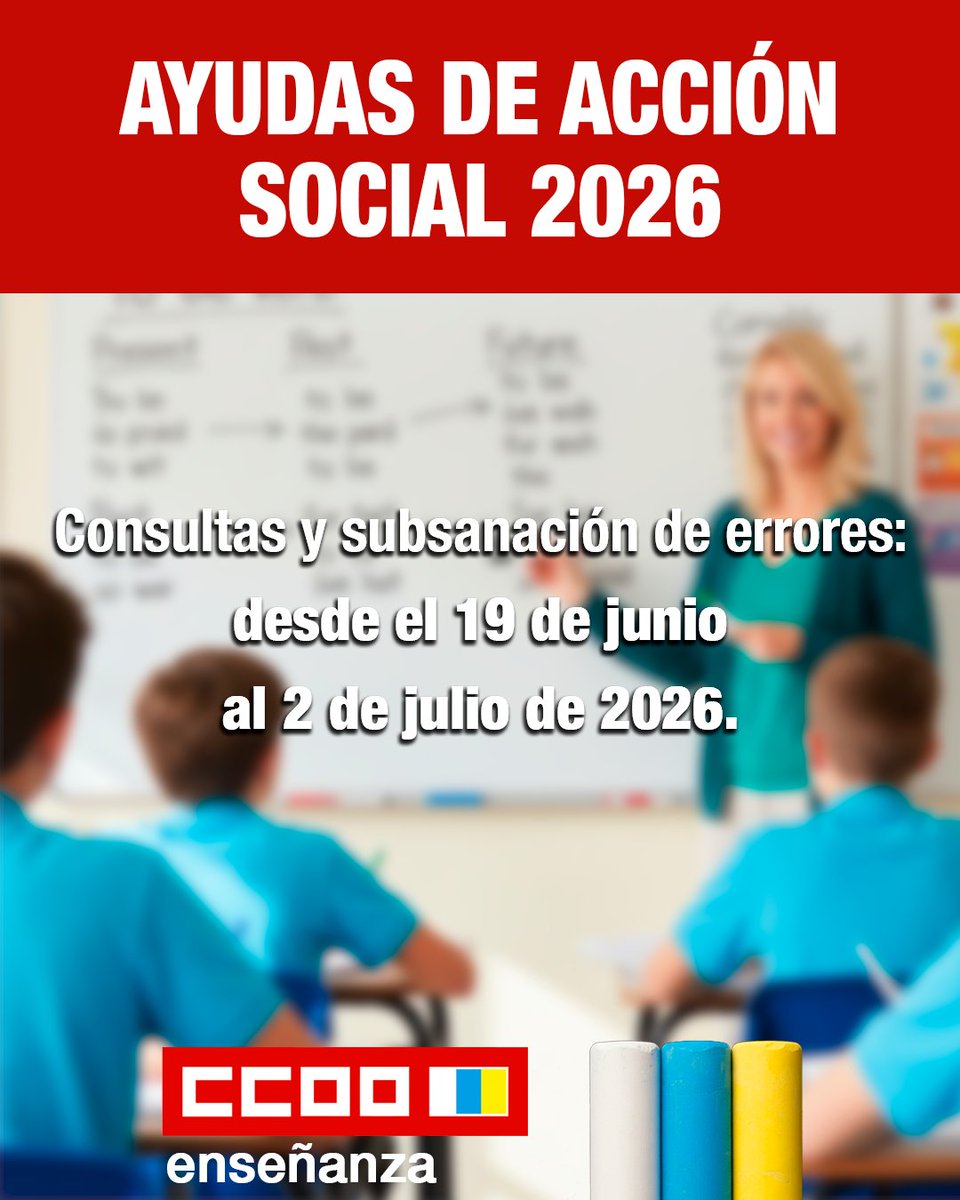 CCOOensenanzaCa's tweet photo. AYUDAS DE ACCIÓN SOCIAL 2026

Consultas y subsanación de errores: desde el 19 de junio al 2 de julio de 2026.

🔗 Más información: https://t.co/qxnV9M3j1a

👉 ¡Suscríbete a nuestro canal de WhatsApp! https://t.co/t1Ryxf11ki

📱 Visita nuestras redes: https://t.co/l7pLhK9GEx https://t.co/JMuAfdDzc3