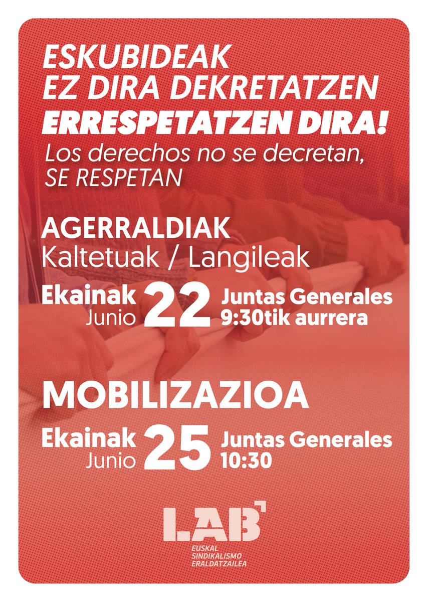 LABsindikatua's tweet photo. ✖️Los decretos recientemente aprobados en Bizkaia afectan directamente a las personas usuarias, a sus familias y a las trabajadoras del sector de diversidad funcional que prestan los apoyos cada día.

Delegadas de LAB comparecen el lunes para exigir diálogo con la institución https://t.co/IysG6iqxNx