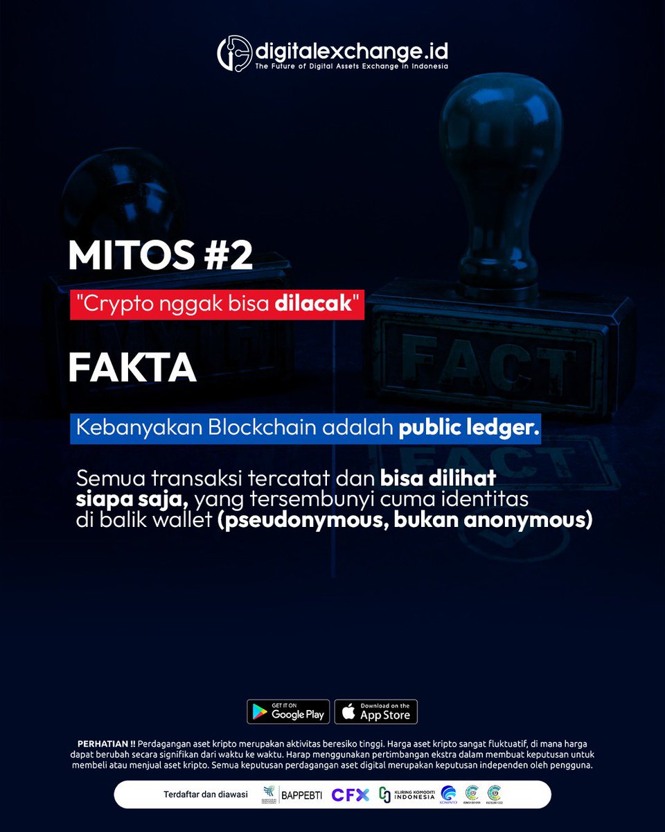 digiexchangeid's tweet photo. Apakah benar kalau Crypto ga bisa dilacak? Kata siapa beli Crypto auto cuan? Terus siapa yg mikir kalau Blockchain itu cuma buat Trading Crypto? Itu tandanya kamu banyak kemakan Mitos! Swipe biar kamu bisa bedain mana mitos & fakta seputar Crypto, Blockchain & Web3! ➡️

#cryptofact #cryptomyth #exchangecrypto #bitcoin #cryptoindo
